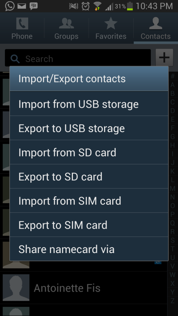 Contacts menu options for import/Export.